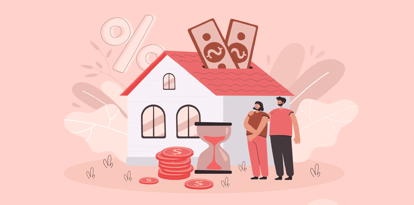 Ilustración de una pareja al lado de una casa con dinero y un reloj de arena