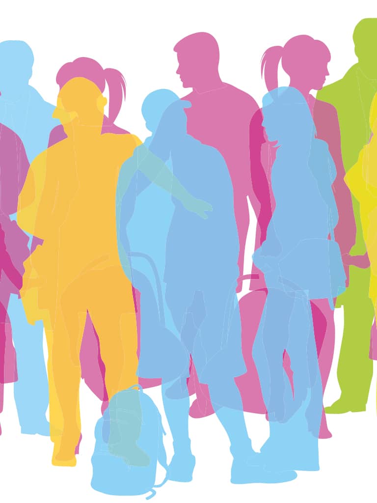 VII Seminario Académico 2026 Retos de la nueva longevidad Silueta de una multitud de estudiantes de colores rosa, amarillo, azul y verde.